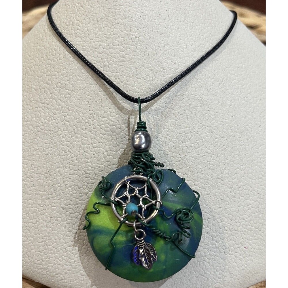 Handcrafted OOAK Polymer Clay Pendant W/ Dreamcatcher Charm Grey Pearl Necklace